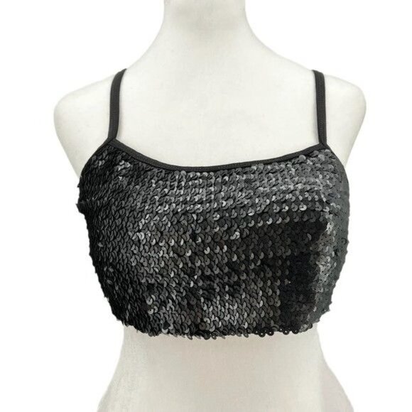 OUT From Under Black Sequin Stretchy Adjustable Strap Crop Top Size M NWT - Picture 3 of 8